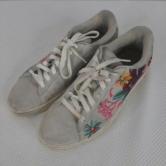 Puma Suede Velvet Hyper EMB Floral Embroidered Sneakers Womens 9.5 Lt Gray - Picture 4 of 10